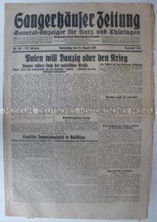 Regionale Tageszeitung "Sangerhäuser Zeitung" zum Konflikt mit Polen um den Status von Danzig