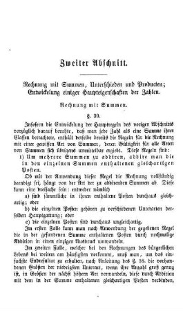 Zweiter Abschnitt. Rechnung mit Summen, Unterschieden und Producten; Entwickelung einiger Haupteigenschaften der Zahlen.