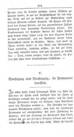 V. Berichtigung einer Berichtigung, die Freimaurerei betreffend.