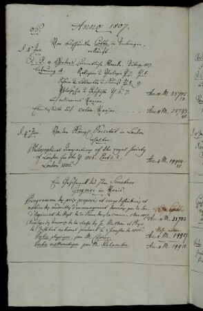 Von Buchhändler Cotta in Tübingen, erkauft. - Von der Königl Societät in London erhalten. - Ein Geschenck des Hhrn Senateur Gregoire in Paris.