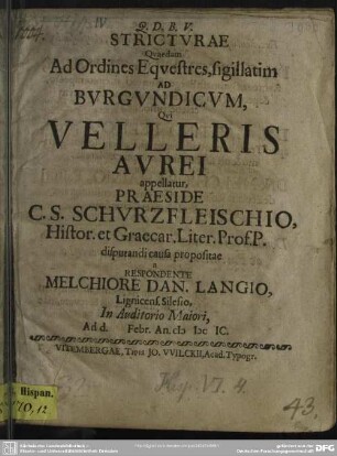 Strictvrae Qvaedam Ad Ordines Eqvestres, sigillatim Ad Bvrgvndicvm, Qvi Velleris Avrei appellatur
