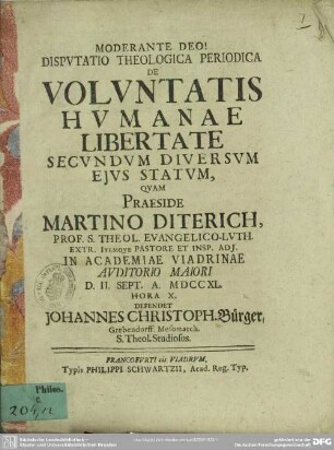 Disputatio Theologica Periodica De Voluntatis Humanae Libertate Secundum Diversum Eius Statum