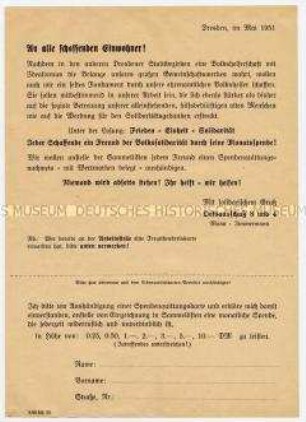 Spendenaufruf der Volkssolidarität Dresden, mit Formular für monatliche Spende (blanko)