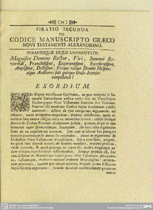 Oratio Secunda De Codice Manuscripto Graeco Novi Testamenti Alexandrino