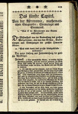 Das fünfte Capitel. Von der Astronomie, mathematischen Geographie, Chronologie und Gnomonik.