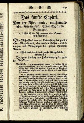Das fünfte Capitel. Von der Astronomie, mathematischen Geographie, Chronologie und Gnomonik.