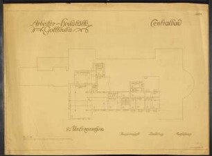 Bad Gottleuba, Heilstätte Gottleuba, Zentralbad, heute Kurmittelhaus. Zweites Untergeschoss, Grundriss, Schilling & Graebner, Dresden, um 1910. Lichtpause, Papier. 82 x 112 cm. Maßstab 1 : 100. Bez.: "Arbeiter-Heilstätte Gottleuba. Centralbad. 2. Untergeschoss. Blatt 2."