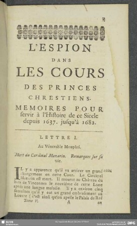 Lettre I. Au Vénerable Mouphti