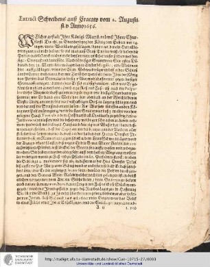 Extract Schreibens ausz Cracaw vom 2. August st. v. Anno 1656