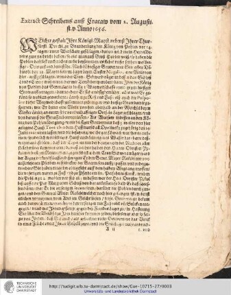 Extract Schreibens ausz Cracaw vom 2. August st. v. Anno 1656