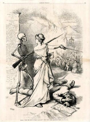 Justice. "Visez the rest of their passports!" (Will Saint Peter recognize them?) : Justitia befiehlt dem Tod, der mit einem Gewehr bewaffnet ist, aufständischem Mob eine Einreisegenehmigung in den Himmel zu erteilen (zu S.682)