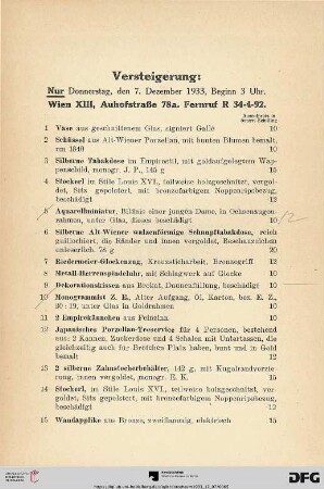 Versteigerung: Nur Donnerstag, den 7. Dezember 1933, Beginn 3 Uhr (Nr. 1-321)