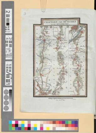 Reise Atlas von Bajern oder Geographisch-geometrische Darstellung aller bajrischen Haupt- und Landstraßen mit den daranliegenden Ortschaften und Gegenden : nebst Kurzer Beschreibungen alles dessen, was auf und an einer jeden der gezeichneten Straßen für den Reisenden merkwürdig seyn kann. [Gewidmet] Joseph August Grafen von Toerring. 3, Chaussée Von München Nach Augsburg