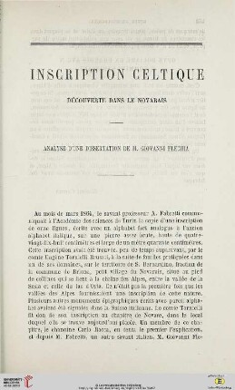 N.S. 10.1864: Inscription celtique découverte dans le Novarais : analyse d'une dissertation de M. Giovanni Flechia