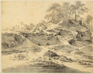 Wege zwischen bewachsenen Felsen, rechts Baumgruppe