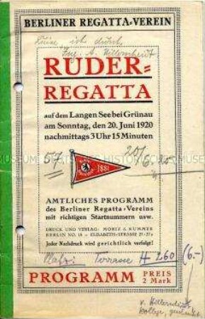 Programm des Berliner Regatta Vereins für die Regatta auf dem Langen See bei Grünau