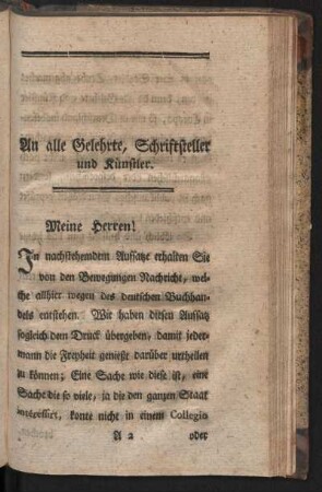 An alle Gelehrte, Schriftsteller und Künstler