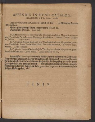 Appendix in Hunc Catalog. Francofurt. Anno 1628.