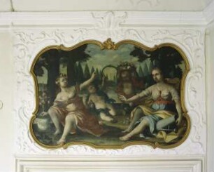 Allegorie des Frühlings. Pflanzarbeiten durch blumenbegränzte Göttin Flora und ein blumenbekränztes Mädchen