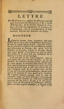 Memoire adressé aux souverains de l'Europe, sur l'état présent des affaires de l'ancien & du nouveau monde