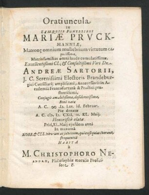 Oratiuncula In Exsequiis Funebribus Mariae Pruckmanniae