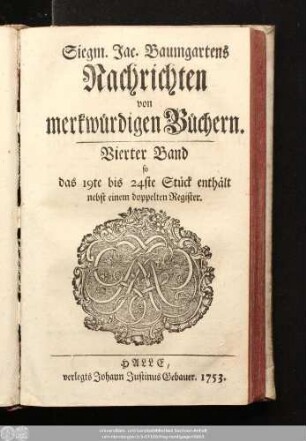 4.1753: Siegm. Jac. Baumgartens Nachrichten von merkwürdigen Büchern