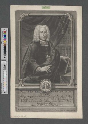 Ioannes Laurentius Moshemius : Abbas cnobiorum Mariævall[ensis] et ad Lapidem S. Mich[aelis,] Ser[enissimis] Duc[ibus] Brunsvic[ensium] a Consiliis Eccles[iasticis,] S[acrae] Theol[ogiae] Doct[or] et Prof[essor] Ord[inarius] in Academ[ia] Iulia, Scholarum Duc[atus] Guelph[ybertani] et Blanckenb[urgensis] ephorus gener[alis,] Societ[atis] Teut[onicae] Lipsiensis Præses. ; Natus d[ie] IX. Octobr. MDCXCIV.