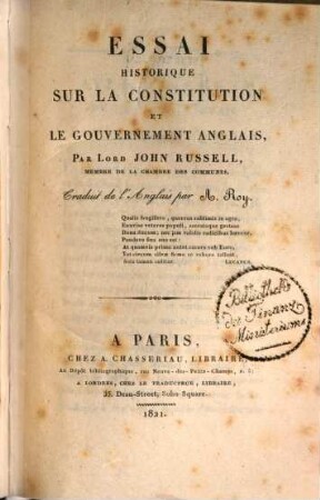 Essai historique sur la constitution et le gouvernement anglais