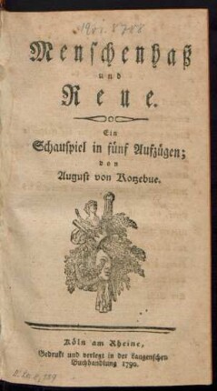 Menschenhaß und Reue : Ein Schauspiel in fünf Aufzügen