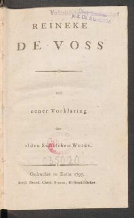 Reineke De Voss : mit eener Vorklaring der olden Sassischen Worde