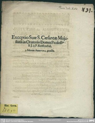 Exceptio Suae S. Caesareae Majestatis in Oratorio Domus Professae S. J.