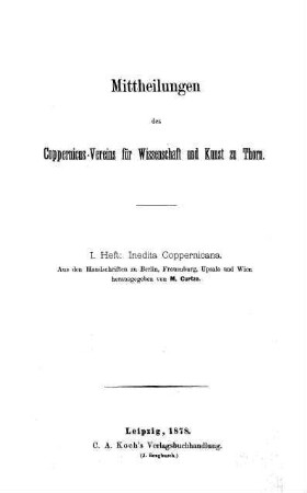 Inedita Coppernicana : aus den Handschriften zu Berlin, Frauenburg, Upsala und Wien