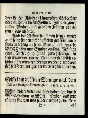 Epistel am zwölften Sonntage nach dem Fest der Heiligen Dreyeinigkeit.
