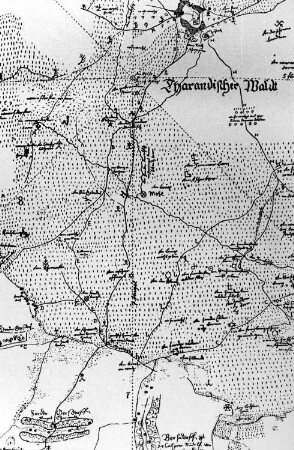 Tharandt-Triebisch, Tharandter Wald. Mühle am Zusammenfluss von Triebisch und Warnsdorfer, Karte des Tharandter Waldes von M. Oeder, 1588, aus: Mitt. Sächs. Heimatschutz Bd. 25, S. 102
