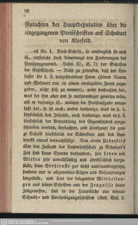 Gutachten der Hauptdeputation über die eingegangenen Preißschriften auf Schubart von Kleefeld