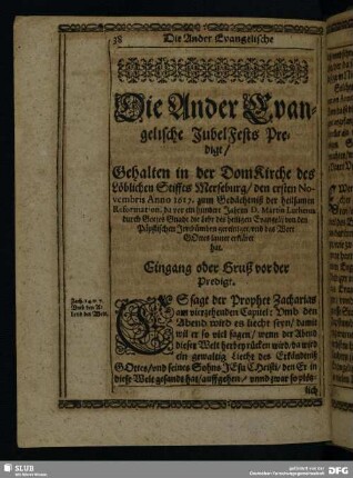 Die Ander Evangelische JubelFests Predigt