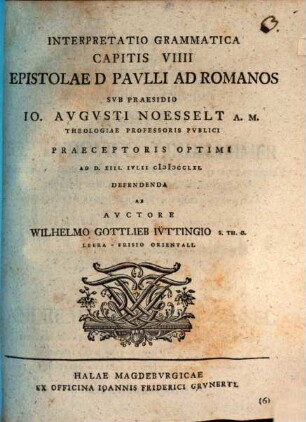 Interpretatio grammatica capitis VIIII. Epistolae D. Paulli ad Romanos