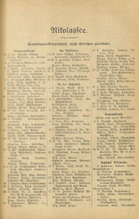 Nikolassee. Einwohner-Verzeichnis, nach Straßen geordnet