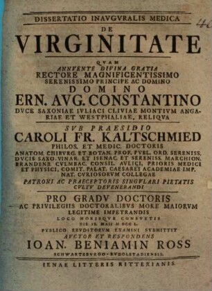 Dissertatio Inavgvralis Medica De Virginitate