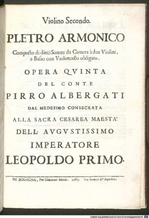 PLETRO ARMONICO Composto di dieci Sonate da Camera à due Violini, e Basso con Violoncello obligato : OPERA QVINTA