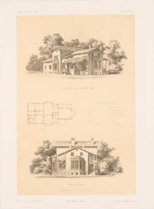 Landhaus, Königsberg: Grundriss, Perspektivische Ansicht, Ansicht von der Giebelseite (aus: Architektonisches Skizzenbuch, H. 13, 1854)