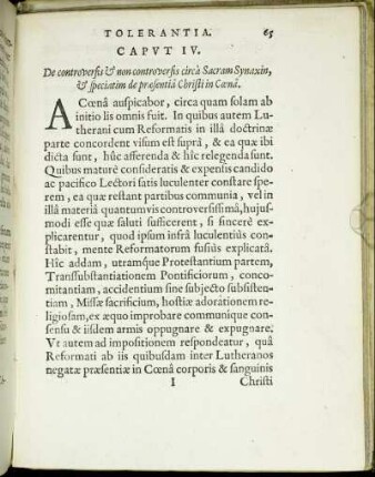 Caput IV. De controversis & non controversis circa Sacram Synaxin, & speciatim de præsentia Christi in Cœna.