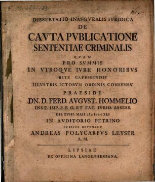 Dissertatio Inavgvralis Ivridica De Cavta Pvblicatione Sententiae Criminalis