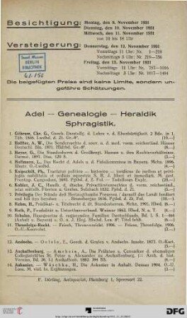 Adel – Genealogie – Heraldik – Sphragistik (Nr. 1-218)