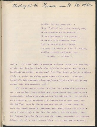Vortrag des Br. Kroener am 30.12.1922.