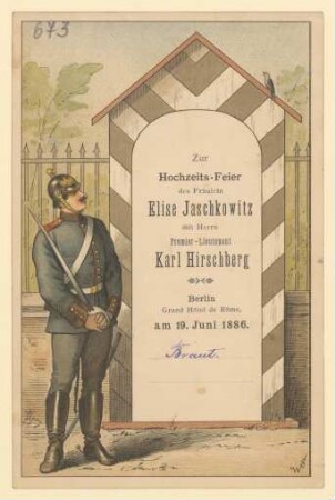 Menükarte : Zur Hochzeitsfeier des Fräulein Elise Jaschkowitz mit Herrn Premier-Lieutenant Karl Hirschberg, Grand Hotel de Rome