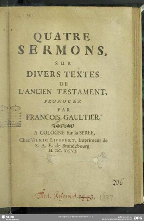 Quatre Sermons, Sur Divers Textes De L'Ancien Testament