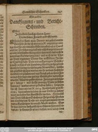 Ein ander Dancksagung- und Bericht-Schreiben.