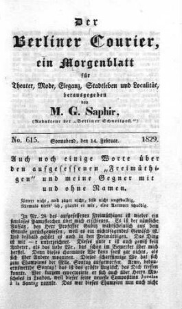 No. 615., Sonnabend, den 14. Februar 1829