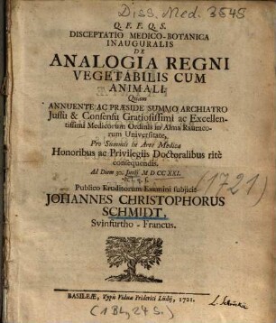 Disceptatio Medico-Botanica Inauguralis De Analogia Regni Vegetabilis Cum Animali